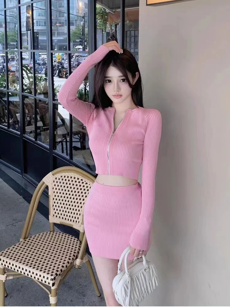 2023 Pink Knitted Suit Woman Elegant 2 Piece Sets Korea Fashion Clothing Casual Crop Tops Cardigan + Slim Bodycon Y2k Mini Skirt