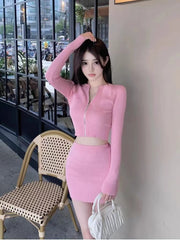 2023 Pink Knitted Suit Woman Elegant 2 Piece Sets Korea Fashion Clothing Casual Crop Tops Cardigan + Slim Bodycon Y2k Mini Skirt