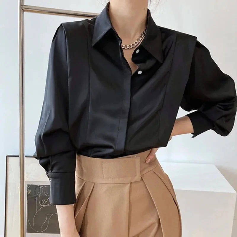 Mojoyce White Satin Elegant Blouses Women Long Sleeve Office Ladies Chic Shirts Korean Fashion Design Sense Spring Autumn Shirts Female