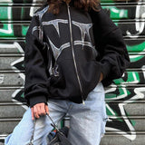Mojoyce Y2K Autumn Zip Up Hoodies Harajuku Gothic Oversized Sweatshirt Rhinestone Chic Winter Hooded Coats Street Grunge Lady