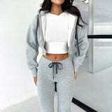 Mojoyce Hooded Cropped Jacket and Casual Straight Pants Women's Two Piece Set Sporty Casual Zipper Coat Fitness Trousers Suit