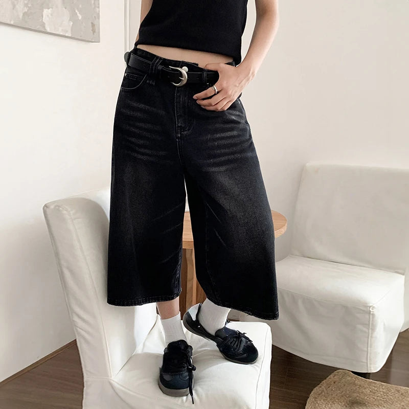 2024 Y2k Retro Women Low Rise Jorts Brushed Black Wash Cropped Baggy Jeans Wide Leg Frayed Denim Short Pants Acubi Fashion