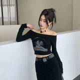 MOJOYCE-Black Slash Neck Tops High Waist Letter Print Tshirts Skinny Crop Top Women Off Shoulder Sexy Long Sleeve Camisetas Y2k Tees