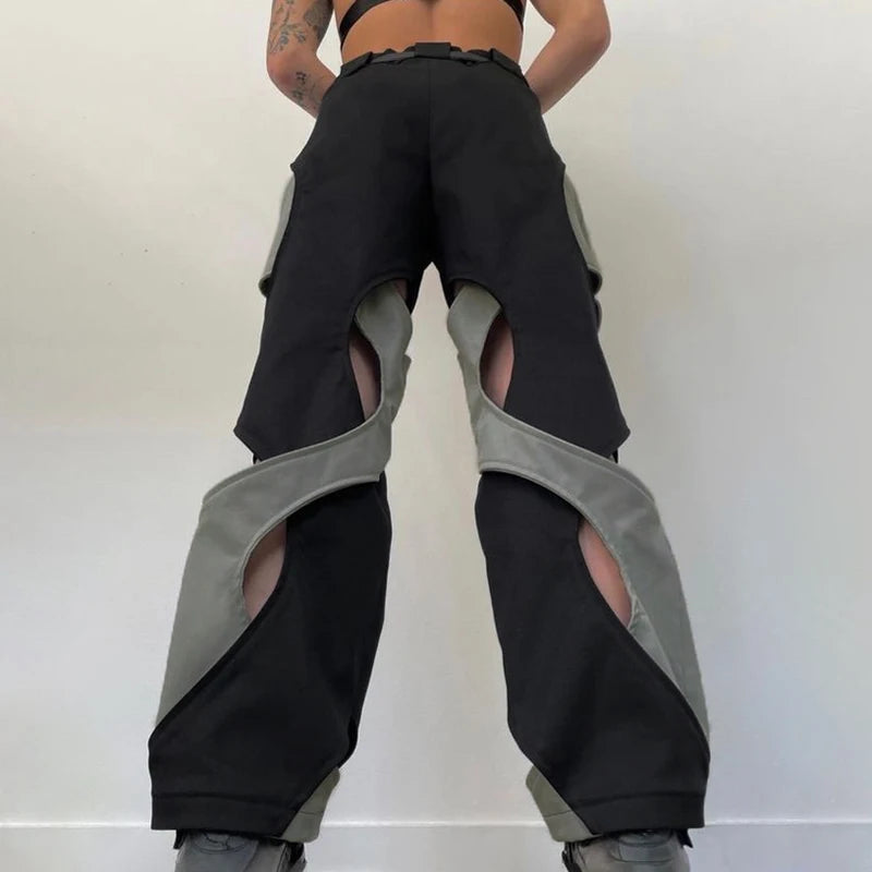 MOJOYCE-y2k Techwear Casual Pants Chic Contrast Hollow Out Baggy Women Cargo Pants Streetwear Low Rise Sweatpants Korean Fashion