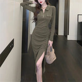 MOJOYCE-Casual Solid Women Midi Dress for Autumn Fashion 2023 New Long Sleeved Polo Collar Elegant Chic Office Lady Slim Long Dresses