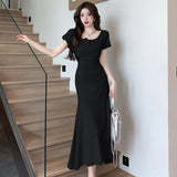 MOJOYCE-Solid Simple Bodycon Dresses for Women 2023 Midi Square Neck Short Sleeve Office Lady Vestidos Waist Black Dress Party Birthday