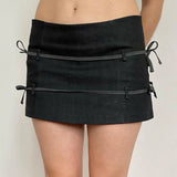 MOJOYCE Preppy Style Women Short Skirt Fashion Chic String Ties Low Waist Black Mini Skirts Y2K Casual High Street Outfits