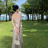 MOJOYCE-Vintage Luxury Satin Swinging Collar Long Dresses for Women Sexy Sleeveless Fashion Slim Casual Beach Holiday Dress Summer 2024