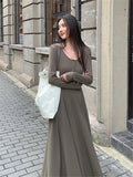MOJOYCE-Elegant Black Knitted Midi Dresses for Women Autumn and Winter Fashion Solid Sweet Cute Slim Chic Vintage Female Long Dress
