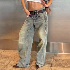 Mojoyce-Y2K Boyfriend Loose Fit Jeans Women Low Waist Wide Leg Denim Pants Vintage Grunge Aesthetic 00s Retro Baggy Trousers Streetwear