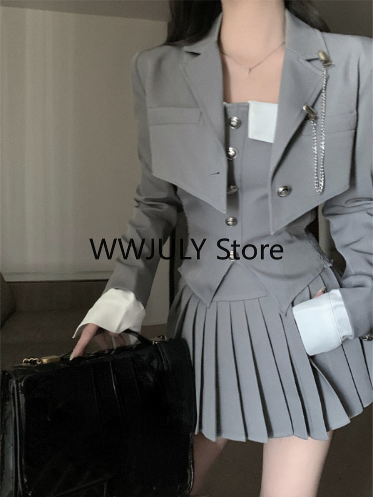 Mojoyce 2023 Autumn Preppy Style Pleated Casual A-line Skirt Women + Irregular Patchwork Slim Camisole + Jacket Three-piece Suit Female
