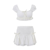 MOJOYCE Fashion Two Piece Set White Short Fluffy Top and Low Waist Slim Fit Mini Skirt 2024 Summer New Street Women's Set