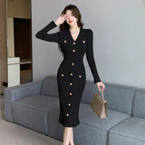 MOJOYCE-Sexy Black Women Midi Dresses for 2023 New Autumn Fashion Knitted Sweater Long Sleeved Vintage Elegant Office Lady Party Dress