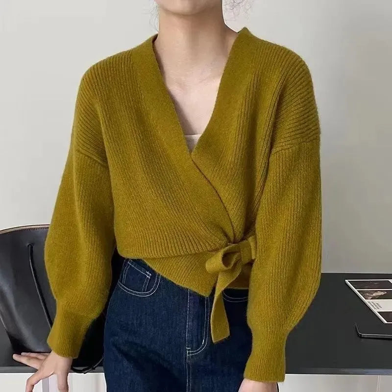Mojoyce Knitted Lace Up Sweater Cardigan Women Casual Design Sense Long Sleeve Cardigans Korean Fashion Elegant Autumn Winter Sweaters
