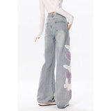 Mojoyce Blue Jeans for Women Embroidery High Waist Vintage American Fashion Streetwear Wide Leg Jean Female Trouser Baggy Denim Pants