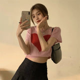 MOJOYCE-Sexy Crop Tops Korean Knitted Tshirts Short Sleeve Women Ice Silk Tees O Neck Heart Print Y2k Camisetas High Waist Slim Fit