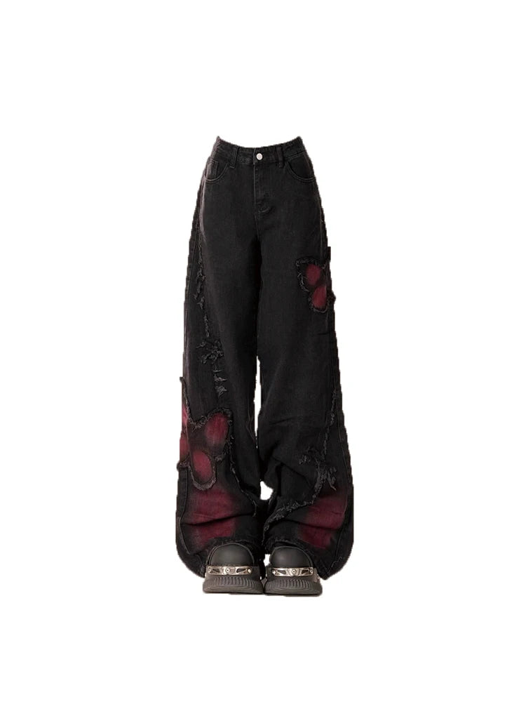 Mojoyce-Women's Black Gothic Baggy Jeans Harajuku Y2k Aesthetic Butterfly Denim Trousers Korean Jean Pants Vintage 2000s Trashy Clothes