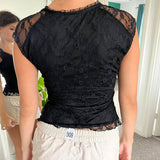 MOJOYCE Women Sexy Lace Crop Top Vintage Black Flying Sleeve Lace-up V Neck Fashion Summer Tee Shirt High Street Casual Tops