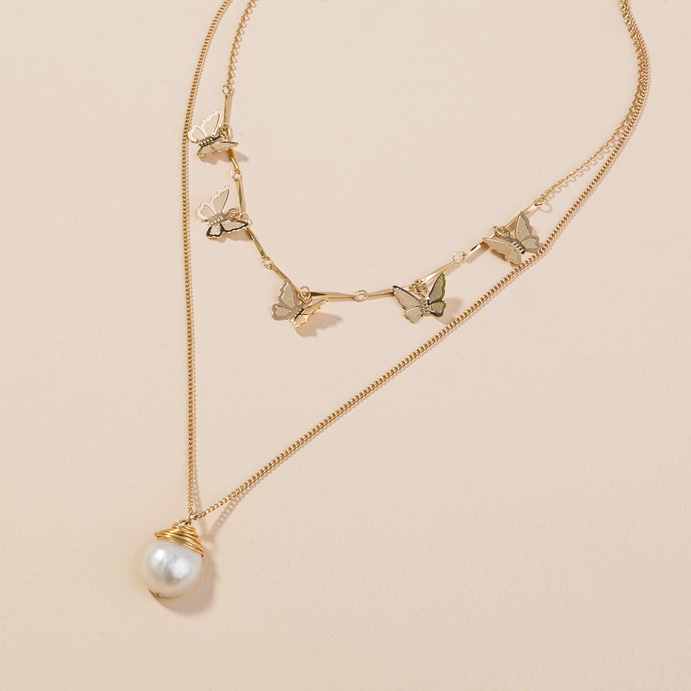 Mojoyce- Freshwater Pearl Butterfly Multi-layer Necklace