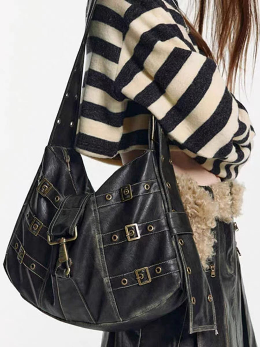 MOJOYCE-Buckled Strap Pu Leather Shoulder Bag