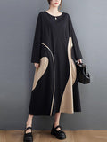 Mojoyce-Casual Long Sleeves Loose Contrast Color Printed Round-Neck Midi Dresses