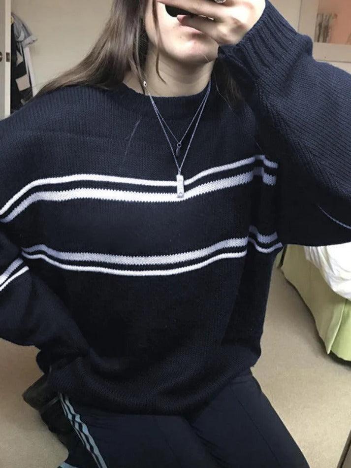 Mojoyce-Stripe Pullover Baggy Sweater