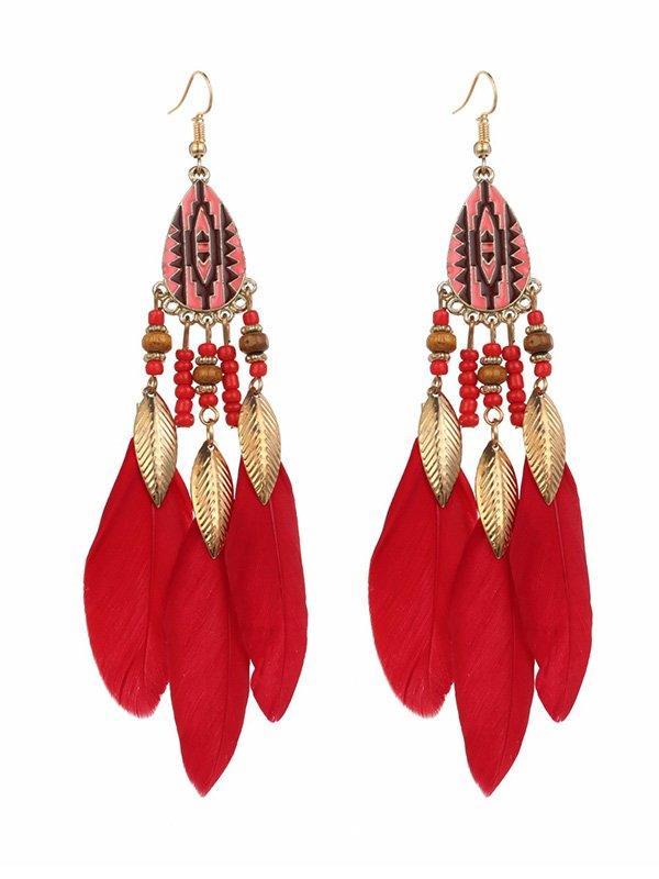 Mojoyce-National Original 5 Colors Feather Tassels Beads Chains 6 Colors Earrings