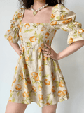 Mojoyce-Vintage Fruit Print Square Neck Puff Sleeve Dress