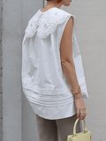 Mojoyce-Embroidered Hollow Lace Large Lapel Cotton Sleeveless Shirt