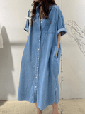 Mojoyce-Vintage Lapel Single Breasted Casual Pocket Denim Dress