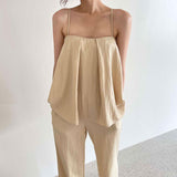 Mojoyce-Square Neck Pleated Loose Camisole & Wide Trousers Suit Sets