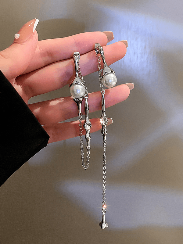 Mojoyce-A two-piece pearl chain asymmetric rhinestone tassel long earring
