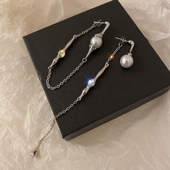 Mojoyce-A two-piece pearl chain asymmetric rhinestone tassel long earring