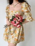 Mojoyce-Vintage Fruit Print Square Neck Puff Sleeve Dress
