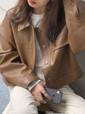 Mojoyce-Casual Lapel Single Breasted Biker Leather Short Jacket