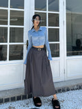 Mojoyce-Trendy Gray Pleated Long Skirt