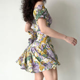 Mojoyce-Ancient Oil Painting Floral Puff Sleeve Short Sleeve Dress