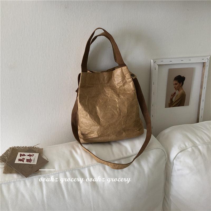 Mojoyce-Washed Kraft Paper Natural Crinkle Waterproof Tote Bucket Bag