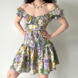 Mojoyce-Ancient Oil Painting Floral Puff Sleeve Short Sleeve Dress