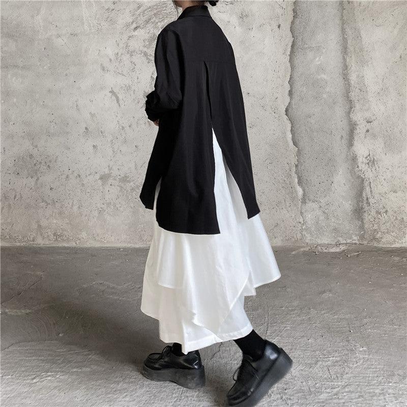 Mojoyce-Cool Black Big Split Long Shirt & White Skirt Sets