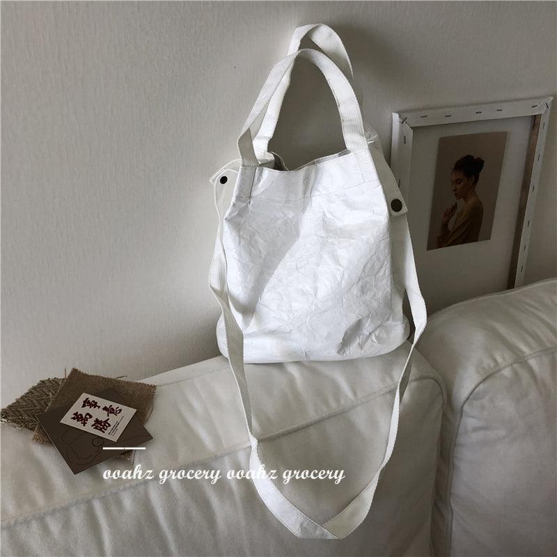 Mojoyce-Washed Kraft Paper Natural Crinkle Waterproof Tote Bucket Bag