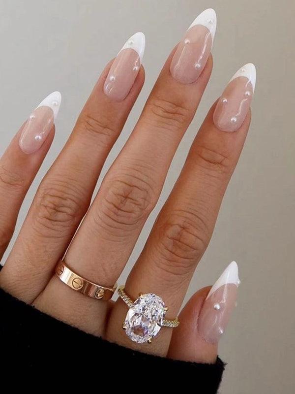 Mojoyce-White French Point Water Drop Nails