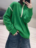 Mojoyce-Urban Contrast Color Zipper High-Neck Sweater Tops Pullovers