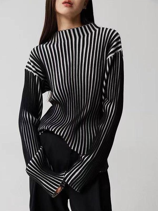 Mojoyce-Black and White Contrast Turtleneck Knit Sweater