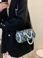 Mojoyce-Stylish Pearl Chain Panel Denim Bag