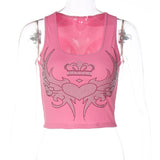 MOJOYCE-Y2K tanks spring Summer outfits Rhinestone Winged Heart Ribbed Cropped Tank Top