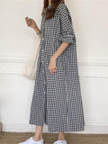 Mojoyce-Ramie Cotton Plaid Plus Size Loose Short Sleeve Shirt Dress