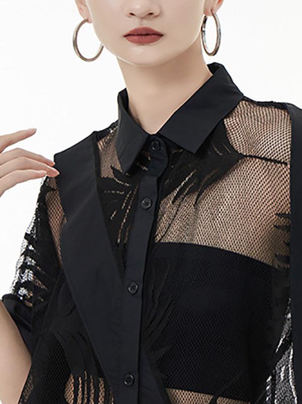 Mojoyce-Stylish Loose Half Sleeves Buttoned Mesh Hollow See-Through Blouses&Shirts Tops