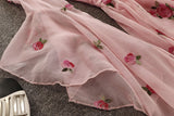 Mojoyce 2022 New Fashion Summer Women's Sweet V Collar Flowers Embroidered Pink Chiffon Dress Slim Flare Sleeve Girls Short Dresses