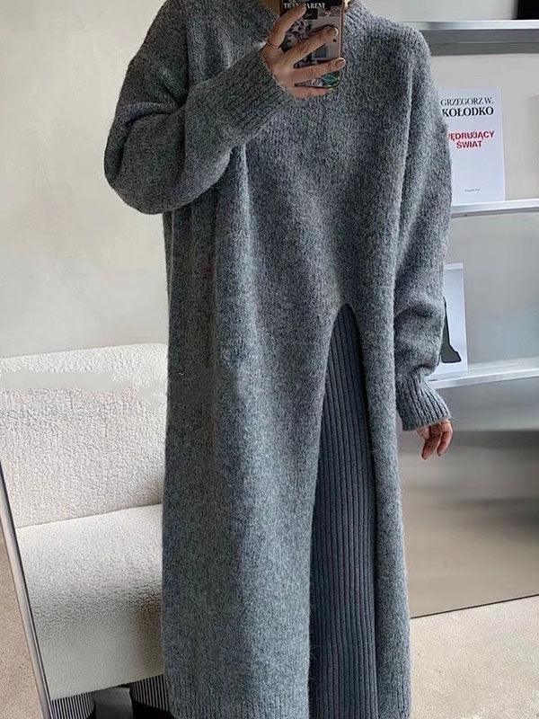 Mojoyce-Side Slit Loose Long Knitted Sweater Dress
